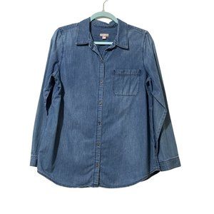 J. Jill size M blue cotton long sleeve factory faded denim shirt